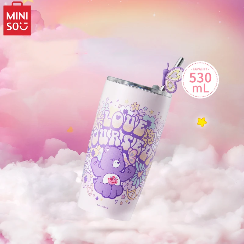 Miniso Care Bear Cute Large Capacity Straw Steel Cup Kawaii Insulated Cup Cold Drink Juice Milk Cup Giocattolo Per Bambini Regalo Di Compleanno
