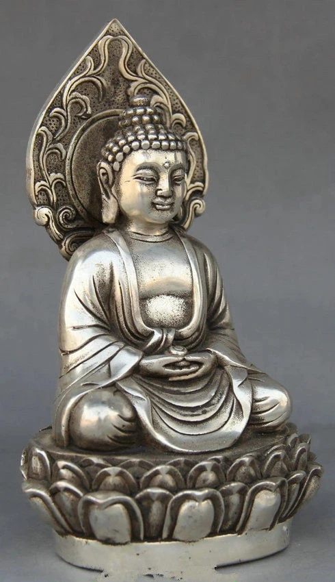 Estatua Tibetana De Plata De Shakyamuni, Asiento De Buda De Amitabha, Artesania De Metal Para Decoraciion