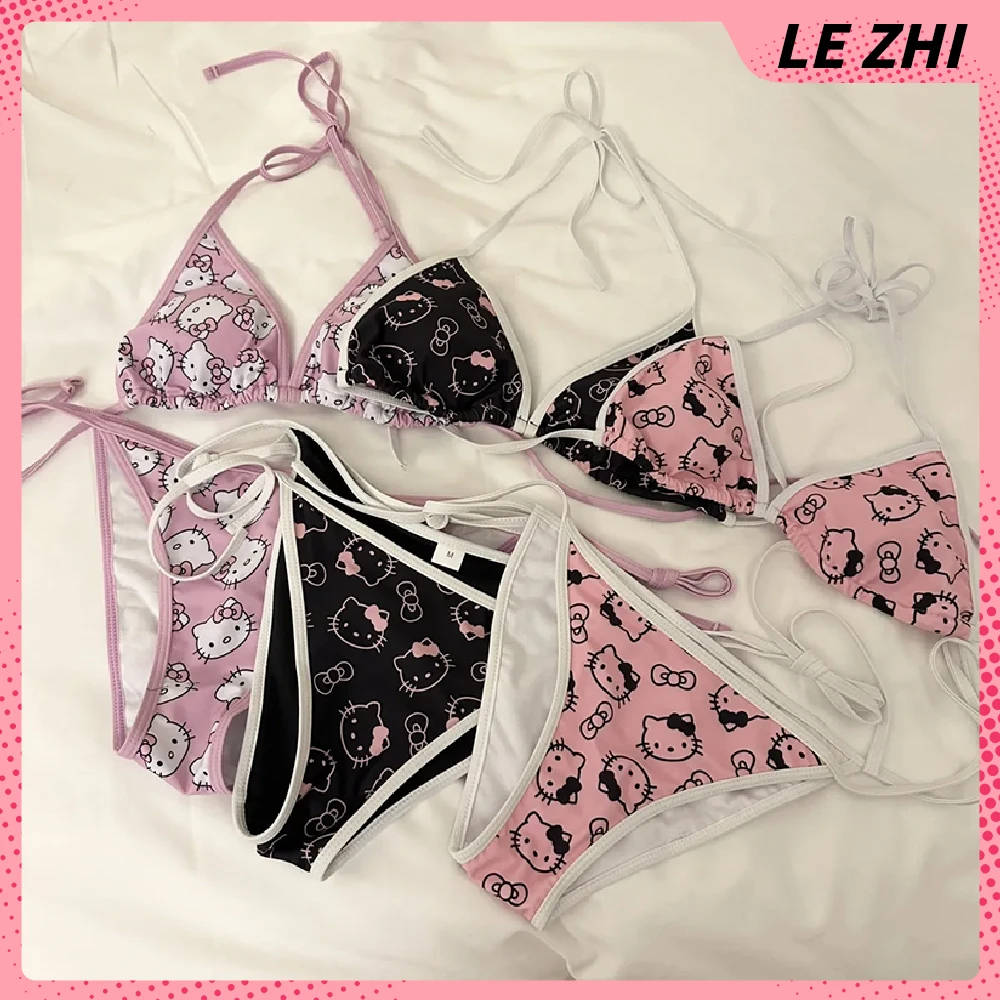Kawaii Hello Kitty Bikini Cartoon Printing Costume Da Bagno A Due Pezzi Euro-American Spice Girl Underwear Sexy Bikini Holiday Gift