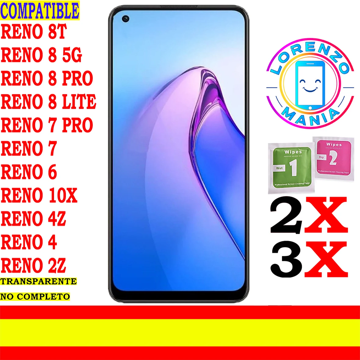 Pellicola Salvaschermo Generica Non Completamente Compatibile Oppo Reno 8T, Reno 8 5G, Reno 8 Pro 5G, Reno 8 Lite, Reno 7 Pro, Reno 7, Reno 6, Reno 10