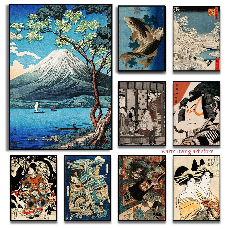 Retro Stile Giapponese Paesaggio Neve Montagna Lago Tela Pittura Montaggio Fuji Geisha Poster Stampa Wall Art Picture Home Decor