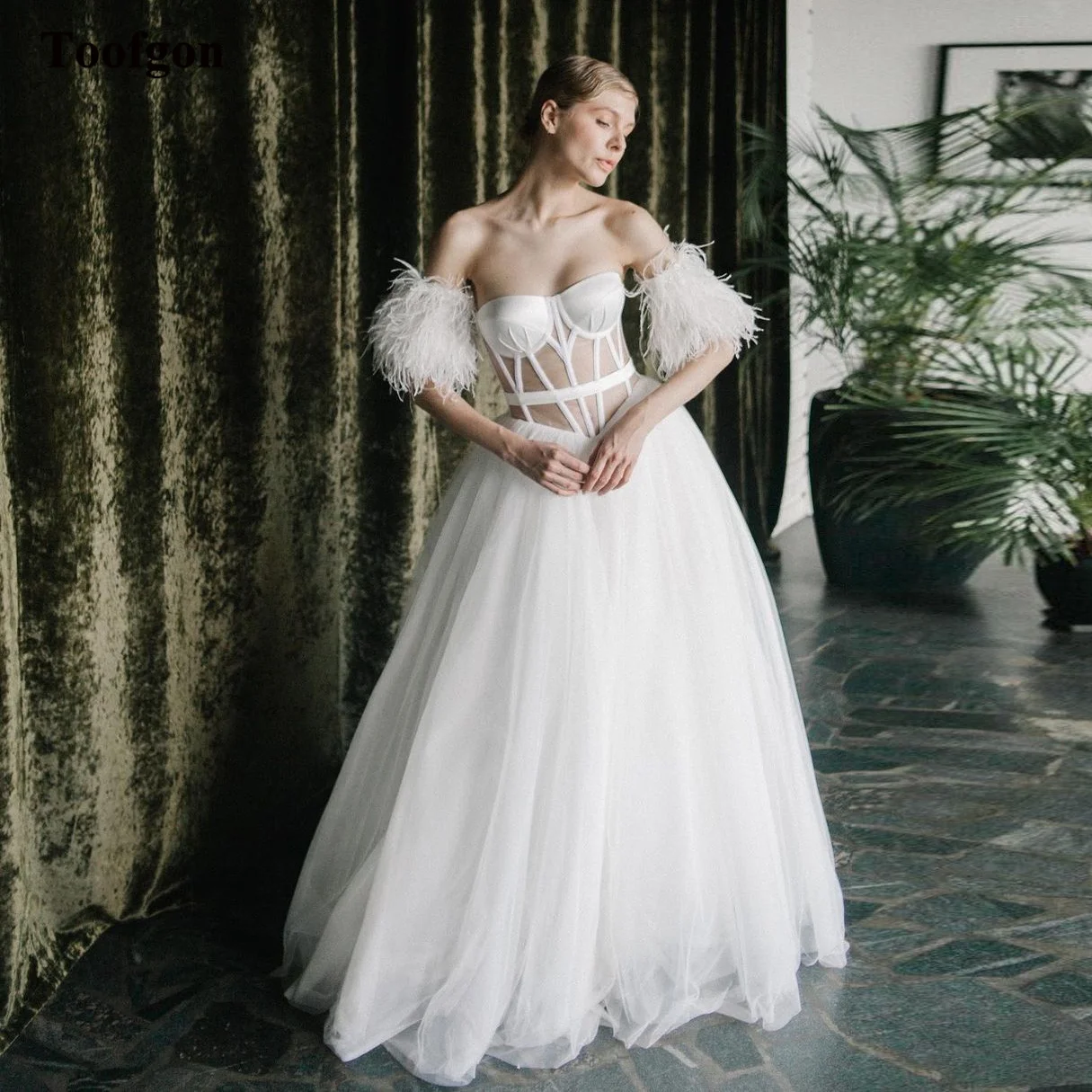 Toofgon Avorio Morbido Tulle Boho Abiti Da Sposa Piume Maniche Corte Abiti Da Sposa Aderenti Donna Abiti Da Sposa Principessa Formale 2023