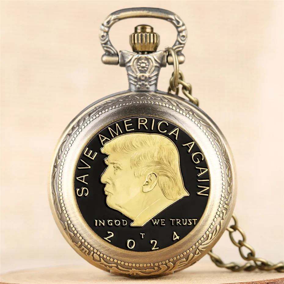 Vintage Bronze "Save America Again" Trump Memorial Pocket Watch Vintage Fashion Collana Chain Watch Miglior Regalo Per Donna Uomo