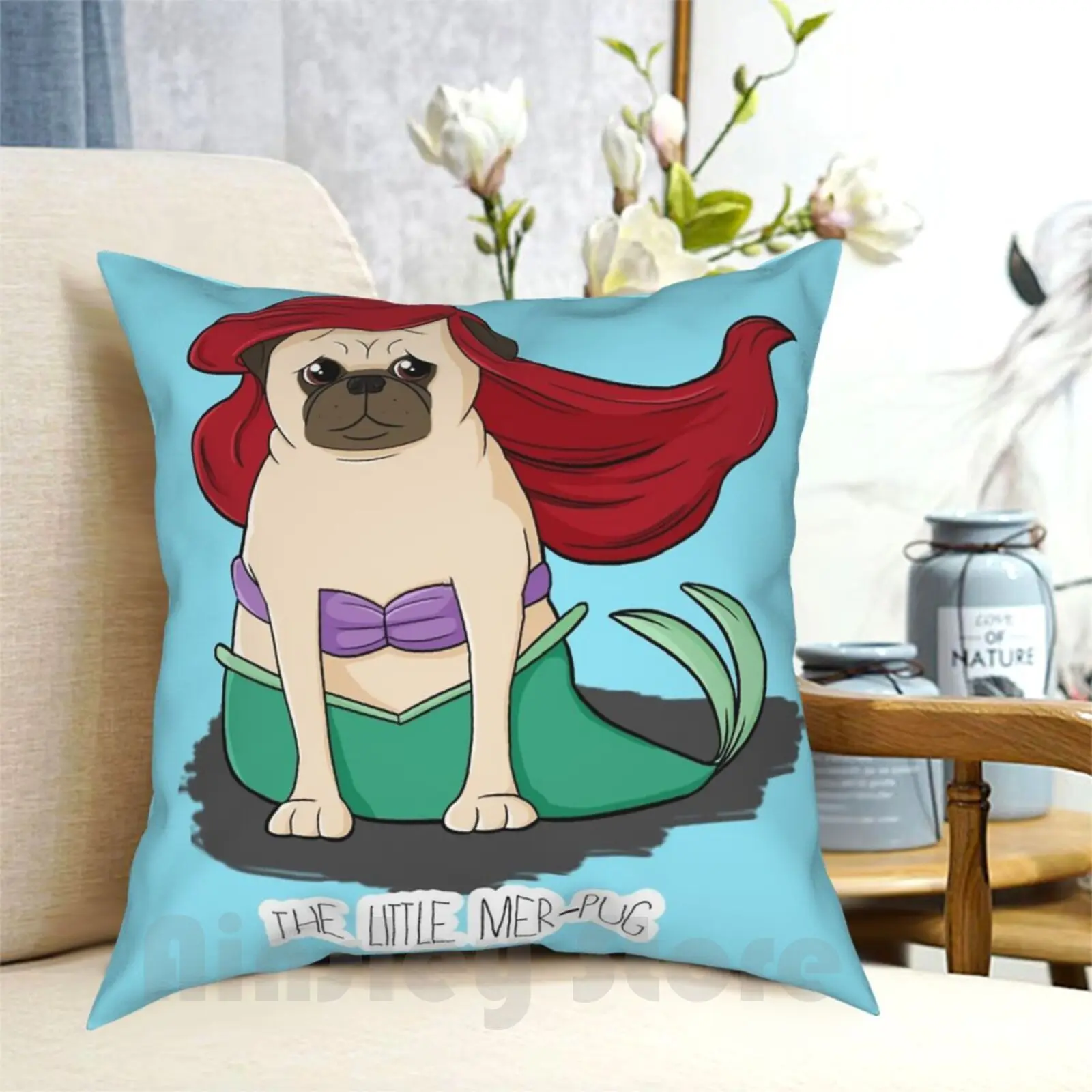 The Little Mer-Pug Federa Stampata Home Soft Throw Pillow Pug Cute Funny Parody The Little Mermaid Mermaid Mer Pug