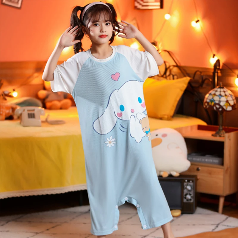 Kawaii Sanrioed Summer Children Pigiama Cute Cartoon Hellokittyed My Melody Cinnamoroll Girls One Piece Princess Dress Pigiama
