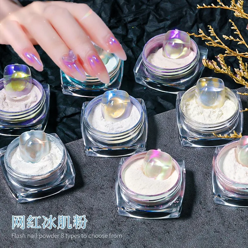 1Jar Ice Muscle Colorful Holo Glitter Mirror Aurora Neon Powder Dust Chameleon Nail Art Chrome Pigment Dipping Powder Decoration