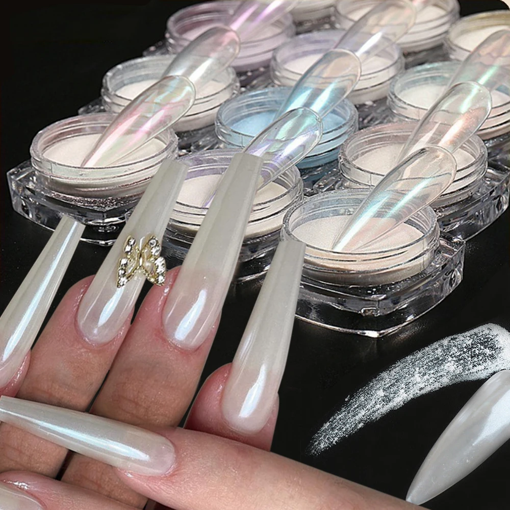 Nails Glitter Aurora Pearl White Hailey Bieber Nails Moonlight Powders Fritillary Shell Mirror Pigment Nail Decoration