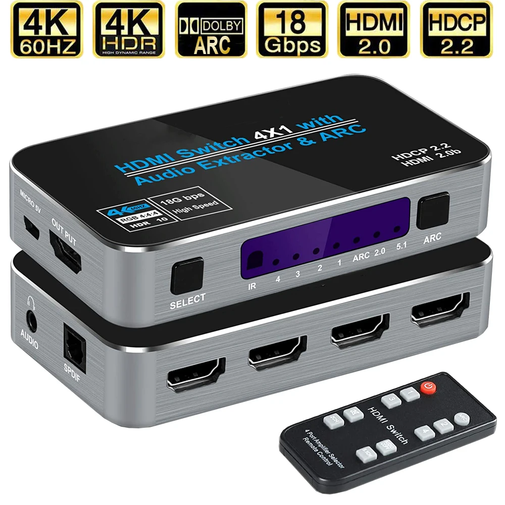 Mini 4X1 4K Hdmi Switch Audio Extractor Con Arc & Optical Toslink Hdmi 2.0 Switch 4K 60Hz Hdmi Switcher Remote Per Apple Tv Ps4