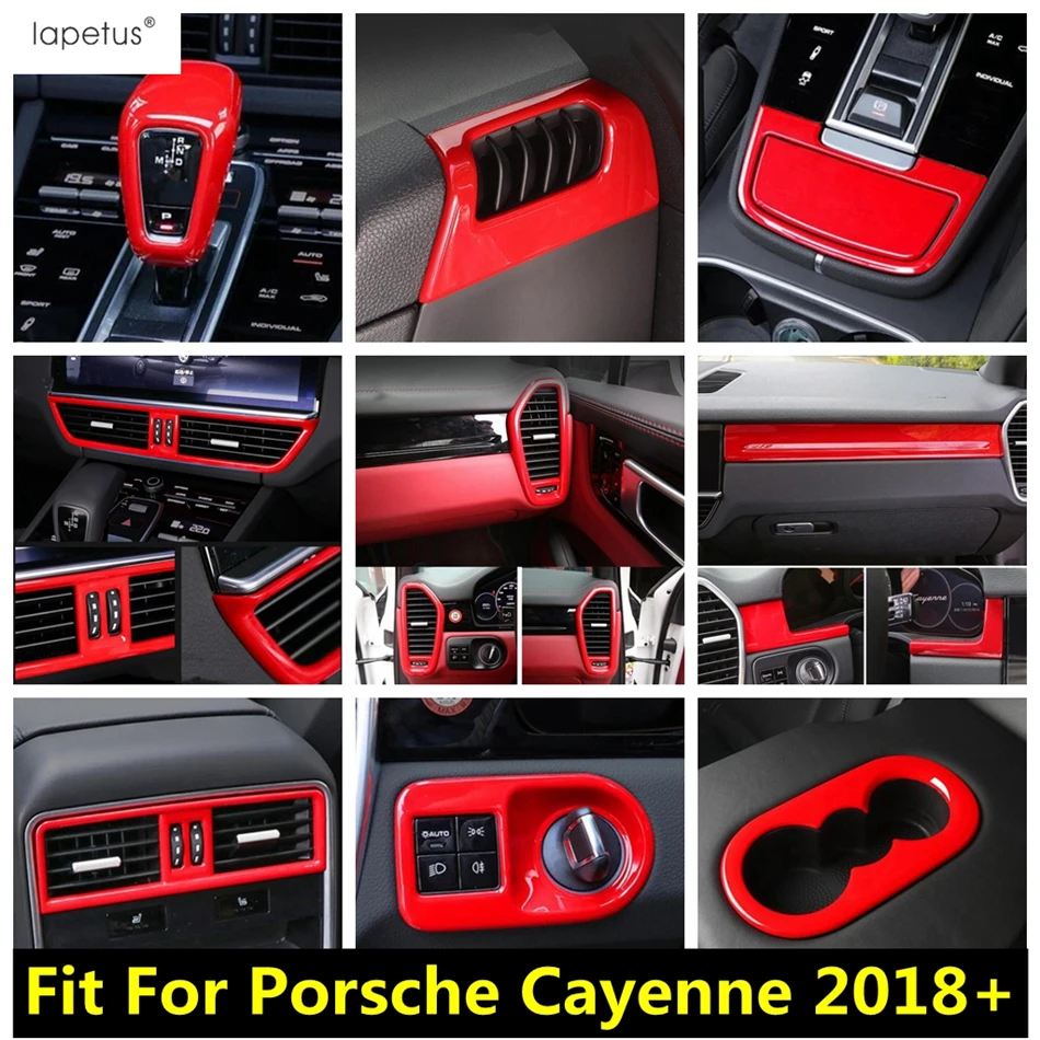 Red Gear Shift Head / Window Lift / Water Cup / Dashboard Air Ac Vents Cover Trim Accessori Per Porsche Cayenne 2018 - 2023