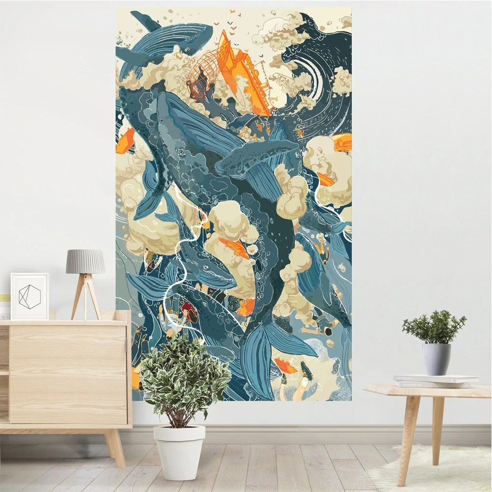 Whale And Boat Meme Tapestry Sea Wave Stampato Walling Cloth Elegante Art Yoga Mat Estetica Room Decor