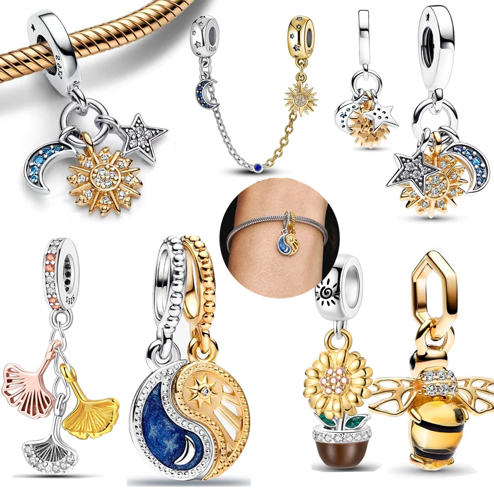 Luxury 925 Sterling Silver 14K Gold Two-Tone Splittable Sun & Moon Ciondola Charm Fit Pandora Bracciale Gioielli Donna Regali
