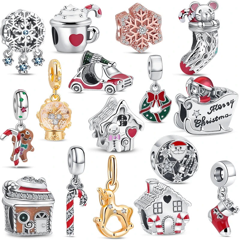 Original Christmas Car Tree Mouse Gingerbread House Cane Charm Beads Fit Pandora Bracciale 925 Sterling Silver Cute Jewelry Gift
