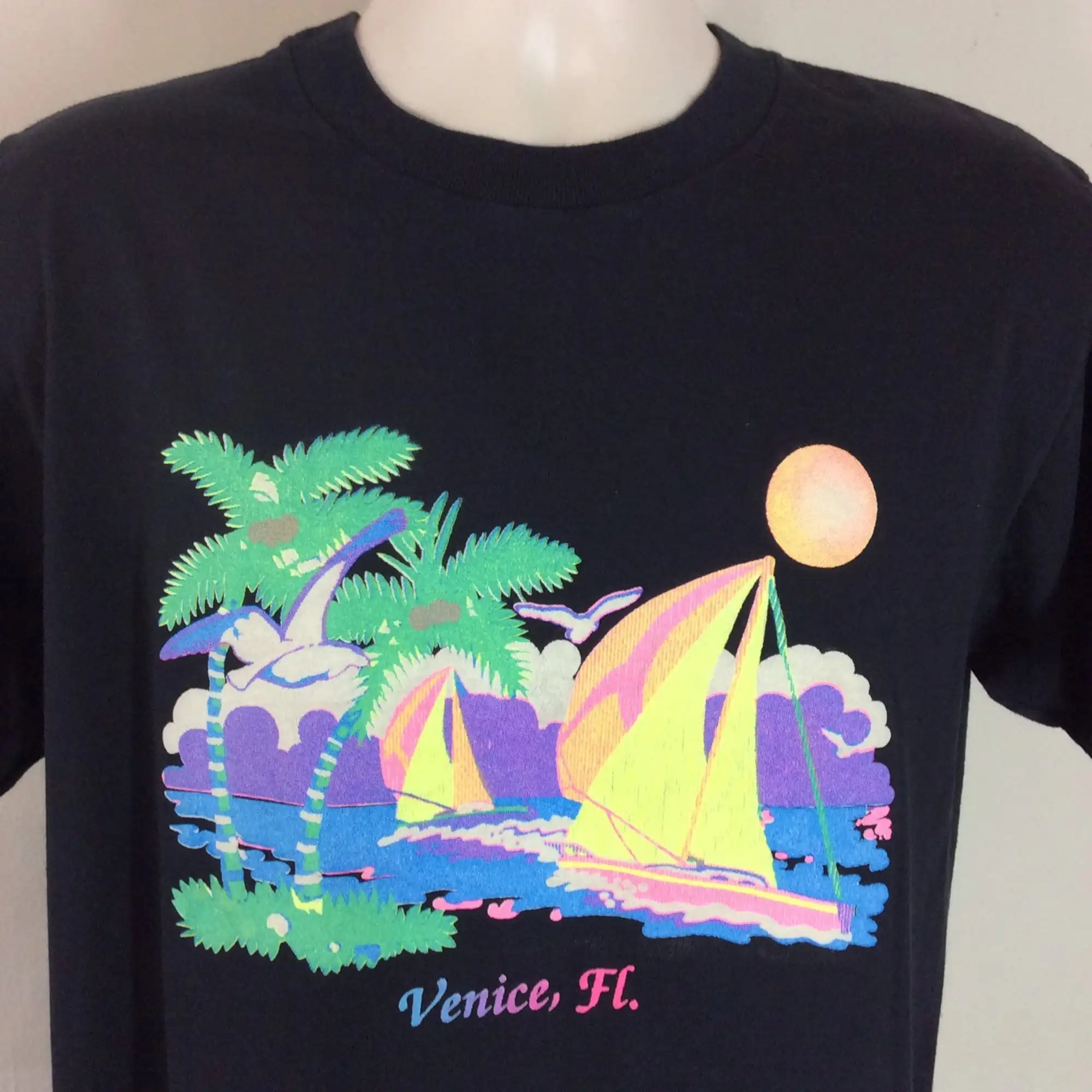 Vtg 80S Venezia Florida Tshirt Black M/L Palme Barca A Vela Souvenir Turistico