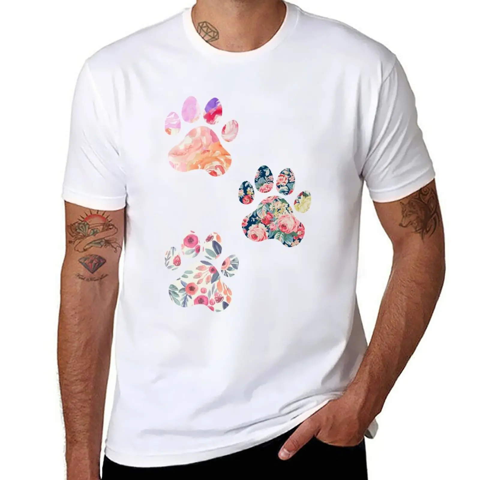 New Floral Paw Print Trio T-Shirt Animal Print Shirt Per Ragazzi Coreano Fashion Mens Graphic T-Shirt Pack