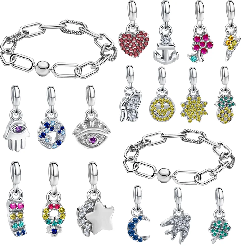 Vendita Calda Mini Charm 925 Silver Me Link Chain Four Leaf Clover Flower Heart Ciondola Beads Fit Original Pandora Me Bracciale Jewelry
