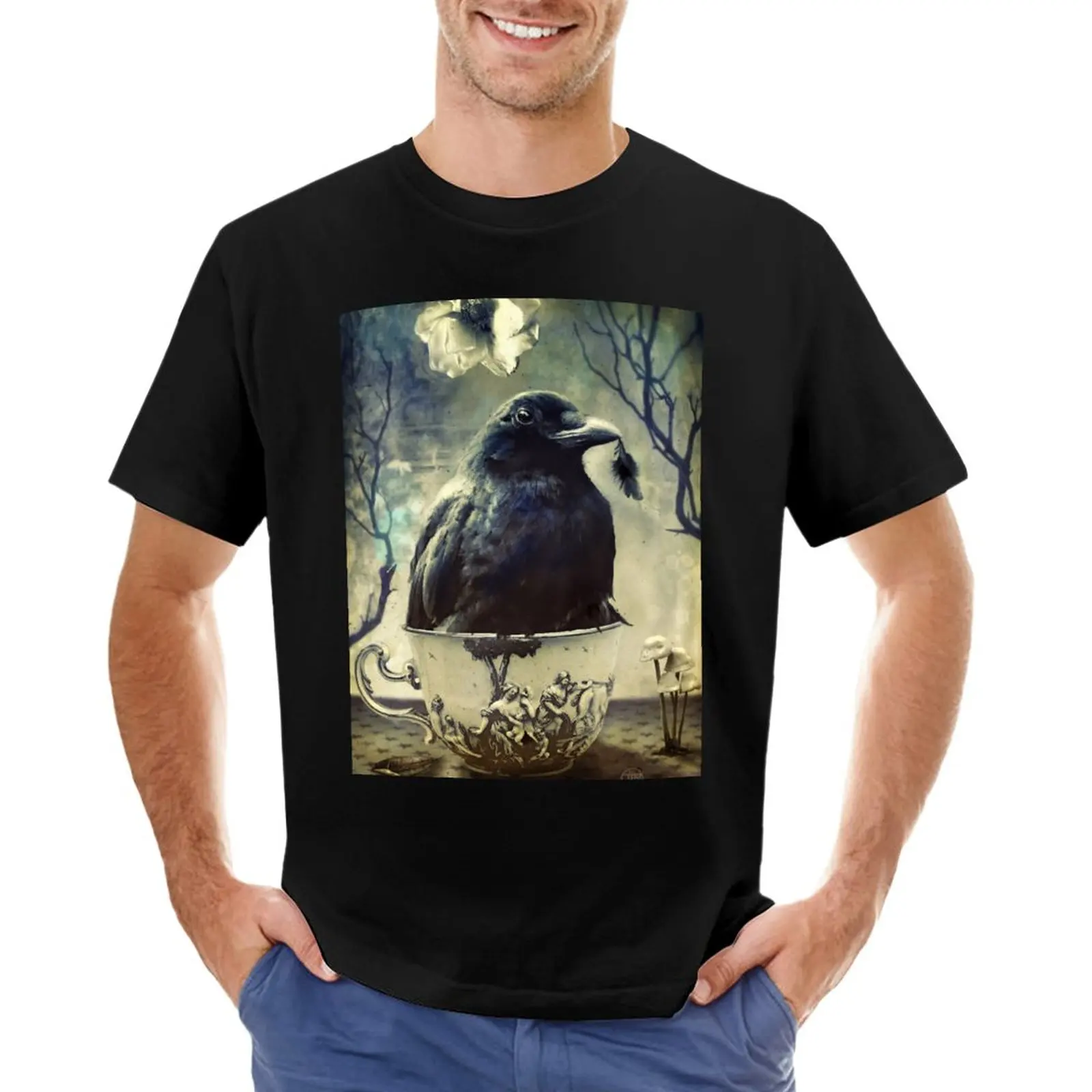 Regali Dal Tempo-Raven In Tea Cup T-Shirt Ragazzi Bianchi Animal Prinfor Boys Men Clothing