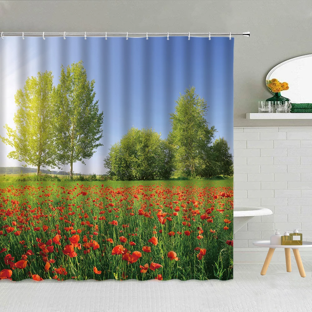 Spring Flowers Field Scenery Tende Da Doccia Albero Di Piante Verdi Floral Blue Sky Sunny Swan Waterproof Bath Decor Ganci Set Di Tende