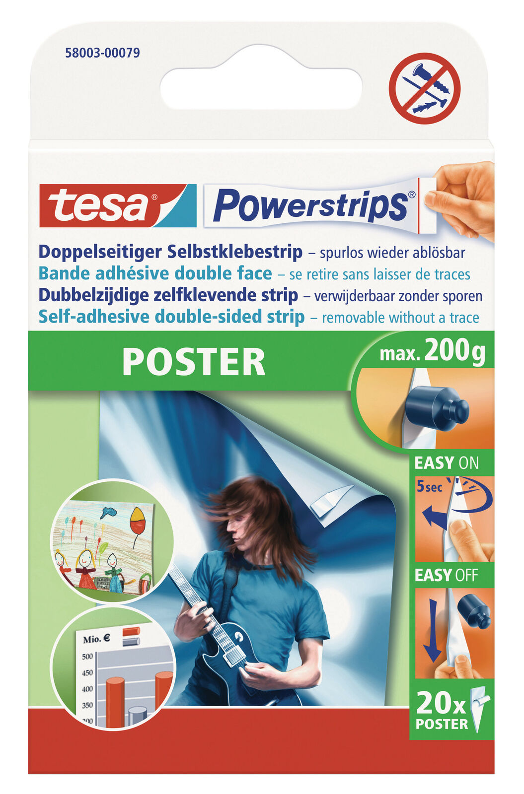 tesa POWERSTRIPS, Posterstrips, Doppelseitiger Klebestreifen, Weiß, 20 Stück