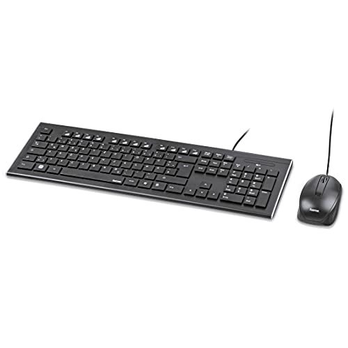 Hama Computertastatur Maus Set (Kabelgebunden, Ergonomisch, Deutsches Tastenlayout Qwertz, Leise Tasten, Flaches Design, 12 Media-Tasten, Optische Mau