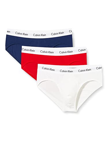 Calvin Klein Slip Hipster Uomo Confezione Da 3 Cotone Elasticizzato, Multicolore (White/Red Ginger/Pyro Blue), S