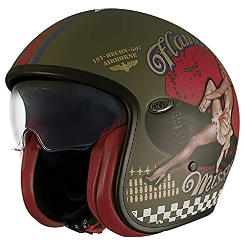 Premier Casco Vintage Pin Up Military Bm,Verde Militare/Giallo/Rosso,Xl