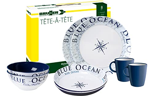 Brunner 0830143N.C8C Set Stoviglie Da Campeggio Per 2 Persone, Tête-À-Tête Blue Ocean, 8 Pezzi