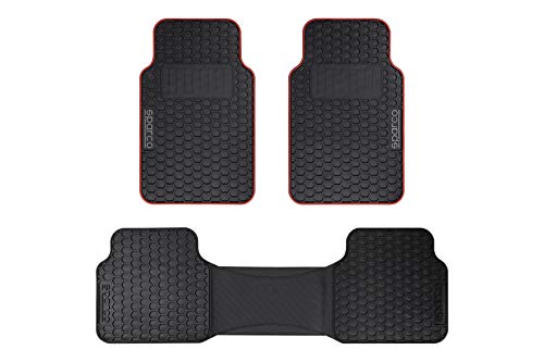 Sparco F500 Set Tappeti Universali De 3 Pezzi Con Ponte Posteriore Per Auto, Pvc, Nero / Rosso