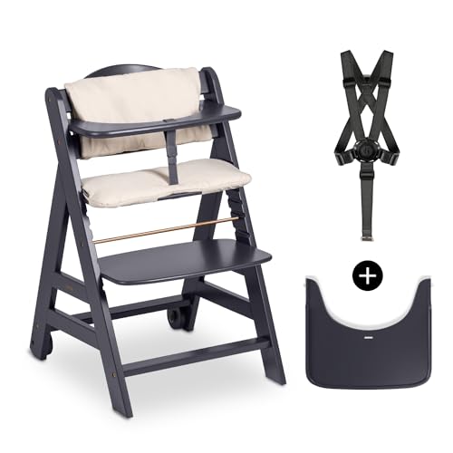 Hauck Seggiolone Pappa In Legno Beta+ - Legno Cert.Fsc®, Con Cuscino, Cintura A 5 Punti, Vassoio E Ruote In Legno - Dai 6 Mesi Fino A 90 Kg - Grigio S