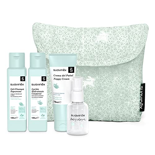 Suavinex Beauty Case Da Viaggio In Stoffa - Kit Idea Regalo Neonato Con 4 Prodotti - Baby Cologne, Lozione Idratante, Crema Cambio Pannolino E Shampoo