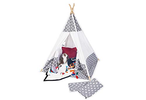 Pinolino Teepee - Tenda In Tessuto Jakara Con Finestra, Tappetino E Borsa Portaoggetti Per Bambini, 3 Anni, Tessuto Con Motivo Asterisco 358043