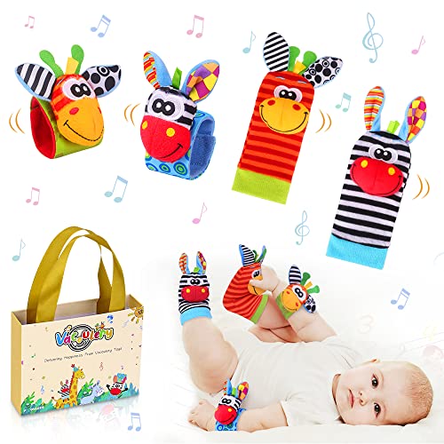Vacoulery Neonato Sonagli Calzini Polso Con Simpatica Confezione Regalo, 4Pcs Baby Rattle Toy Developmental Animaletti Sensoriali Giochi Regali Per Ma