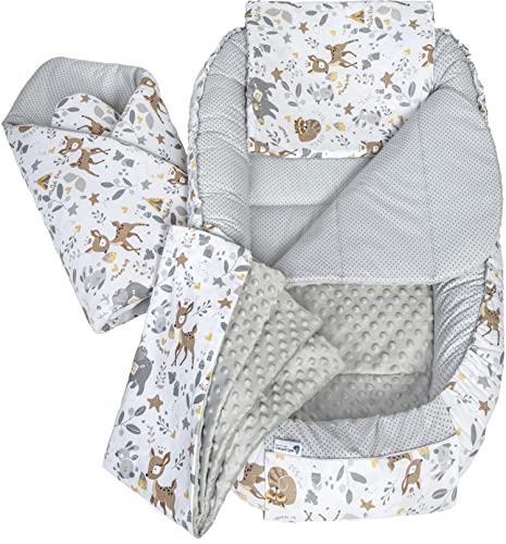 Medi Partners 5-Parti Nido Per Bebè 100X60X15 Inserto Rimovibile Letto Cuscino Coperta Bambini Neonati 100% Cotone (Cervo Con Grigio Minky)