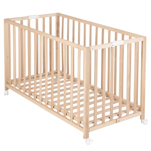 Roba Lettino Pieghevole Fold Up 60 X 120 Cm - Per Neonati E Bambini - Regolabile In 3 Altezze Diverse - Ruote Con Freni - Capacità Max 40 Kg - Faggio