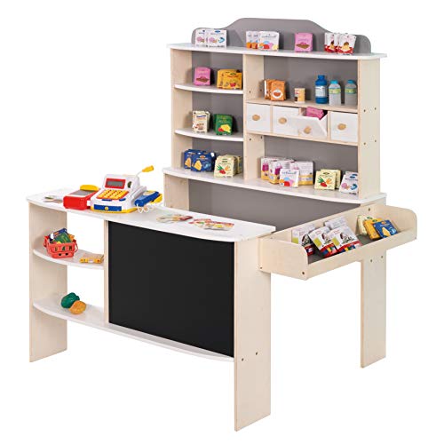 Roba Negozio Giocattolo Per Bambini - Con 4 Cassetti, Lavagna, Bancone Frontale E Bancone Laterale - Con Accessori Inclusi - Gioco Olistico - Legno La