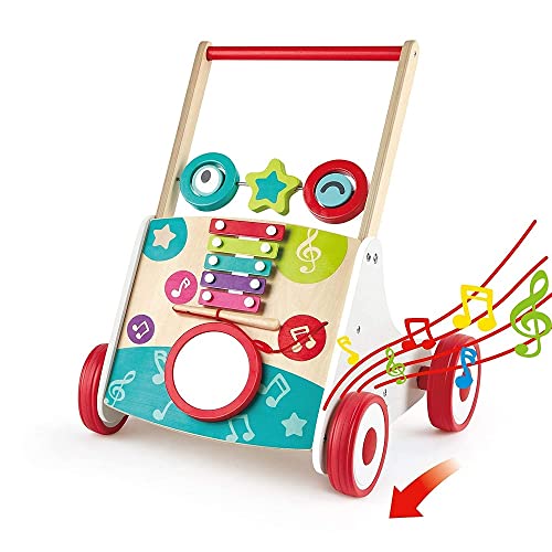 Hape My First Musical Walker, Wooden Push Along Baby Walker Trainer With Music Box & Activities, 10 Months And Up, Colourful