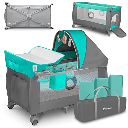 Lionelo Sven 2In1 Box Bambini Dalla Nascita Fino 15Kg Lettino Pieghevole Con Fasciatoio Baldacchino Giocattoli Pendenti Ingresso Laterale Aggiuntivo S