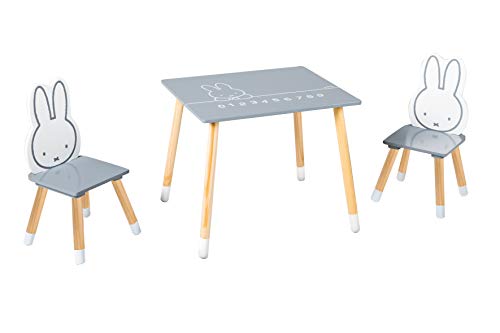 Roba Set Tavolo + 2 Sedie Per Bambini Miffy - Dai 18 Mesi Ai 10 Anni - Panca A 3 Altezze - Mobili Da Salotto Per Cameretta - Legno Grigio