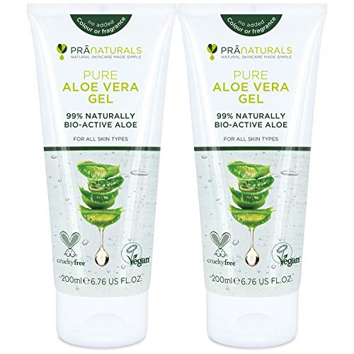 Pranaturals Aloe Vera Gel 200 Ml, Gel Lenitivo & Idratante Nutriente, Idrata Danneggiato Pelle, Assorbe Facilmente Non Grassa O Non Oleoso (Pacco Da 2