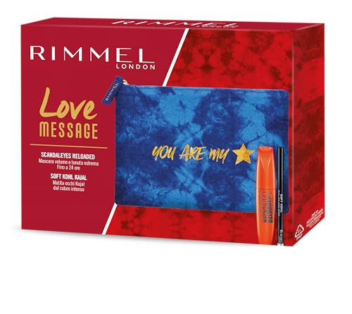 Rimmel London Kit Regalo Donna Love Message, Pochette Medium Blue Con Mascara Nero Scandaleyes Reloaded Volumizzante A Lunga Tenuta E Matita Occhi Sof
