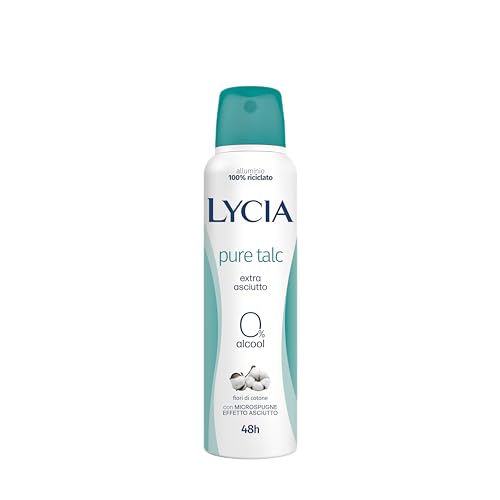 Lycia - Deodorante Spray Pure Talc, Senza Alcool, Efficacia 48 Ore, Con Microspugne Effetto Asciutto, Profumo Di Talco E Fiori Di Cotone, 150Ml