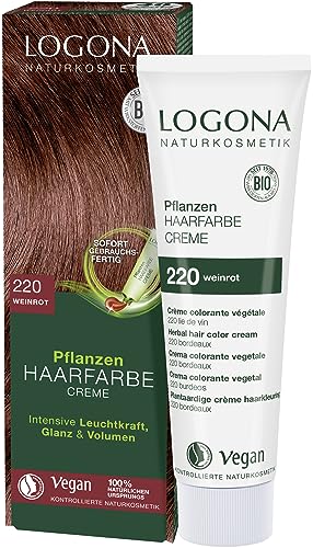 Logona Naturkosmetik Colore Per Capelli Vegetali Crema 220 Rosso Vinaccia, Vegano E Naturale, Colore Rosso Naturale Con Henné, Crema Colorante Tiziano