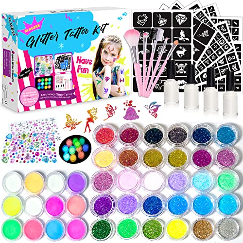 Kit Di Tatuaggi Glitterati - 42 Colori Glitter (Includere 12 Glitter Luminosa), 219 Stencil, 213 Strass Kit Tattoo Glitter- Non Tossici Truccabimbi Gl