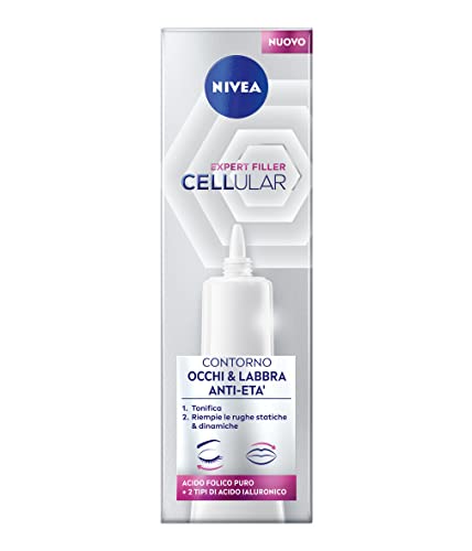 Nivea Cellular Expert Filler Contorno Occhi & Labbra Anti-Età 15Ml, Crema Rassodante, Antirughe E Filler Con Acido Ialuronico E Acido Folico Puro