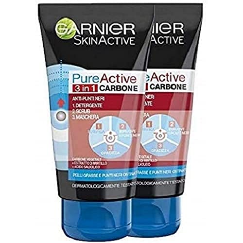 Garnier Pure Active Intense 3 In 1 Maschera Viso Punti Neri, Gel Detergente E Scrub Viso Con Carbone Vegetale, 150 Ml, Confezione Da 2 Pezzi