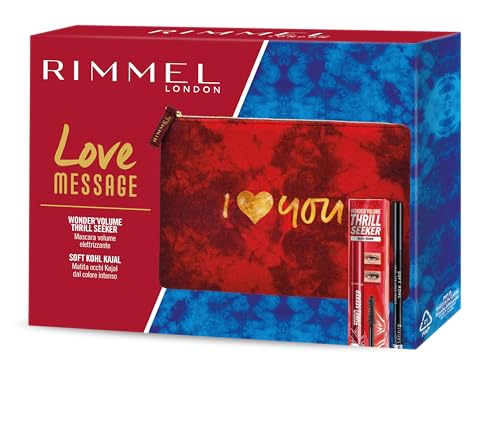 Rimmel London Kit Regalo Donna Love Message, Pochette Medium Red Con Mascara Wonder Volume Thrill Seeker Volumizzante A Lunga Tenuta E Matita Occhi So