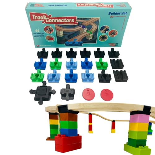 Toy2 Building Kit | 22 Train Track Connectors Toys Compatible With Brio & Lego Duplo | Kit With 5 Different Rail Connectors | Durable Wooden Track Con