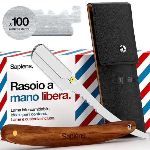 Sapiens Barbershop Rasoio A Mano Libera - Rasoio Barba Manuale Uomo + 100 Mezze Lamette Da Barba Derby + Custodia Protettiva - Rasoio Da Barbiere Prof