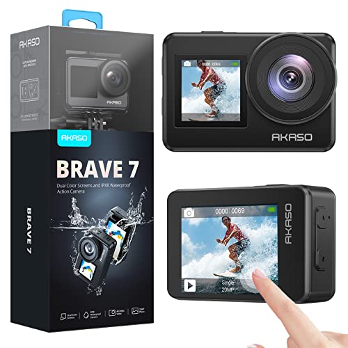 Akaso Brave 7 Action Cam 4K 30Fps 20Mp, Ipx8 Fotocamera Subacquea Stabilizzata, Impermeabile Videocamera Con Comando Vocale, Grandangolare, Doppio Tou