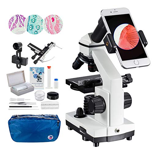 Maxlapter 2000X Microscopio Composto Con Righello Movibile Led Da Laboratorio Con Vetrini Preparati & Vergini Ed Accessori,Microscopio Adattatore Per 