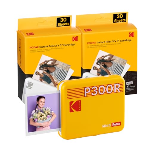 Kodak - Mini 3 Retro 4Pass, Stampante Per Foto Portatile (7,6 X 7,6 Cm), Confezione Con 68 Fogli, Colore: Giallo.